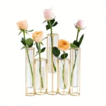Test Tube Vase with 5 Test Tubes, Gold Vase for Centerpiece, Gold Vase with Metal Stand, Glass Vase for Wedding Home Decoration